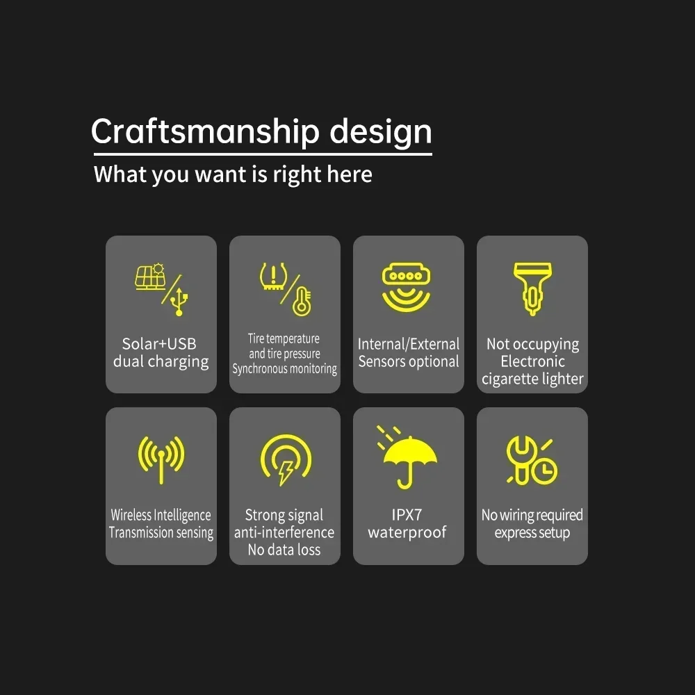TPMS-Reifendruckkontrollsystem, Auto-Sicherheitsalarmsystem, kabellos, solarbetrieben und USB-betrieben, 4 Sensoren mit digitaler Farbdisplay