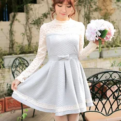 Japan Liz Lisa Autumn And Winter Lace And Plaid Knitted Bow High Waist Mini Dress