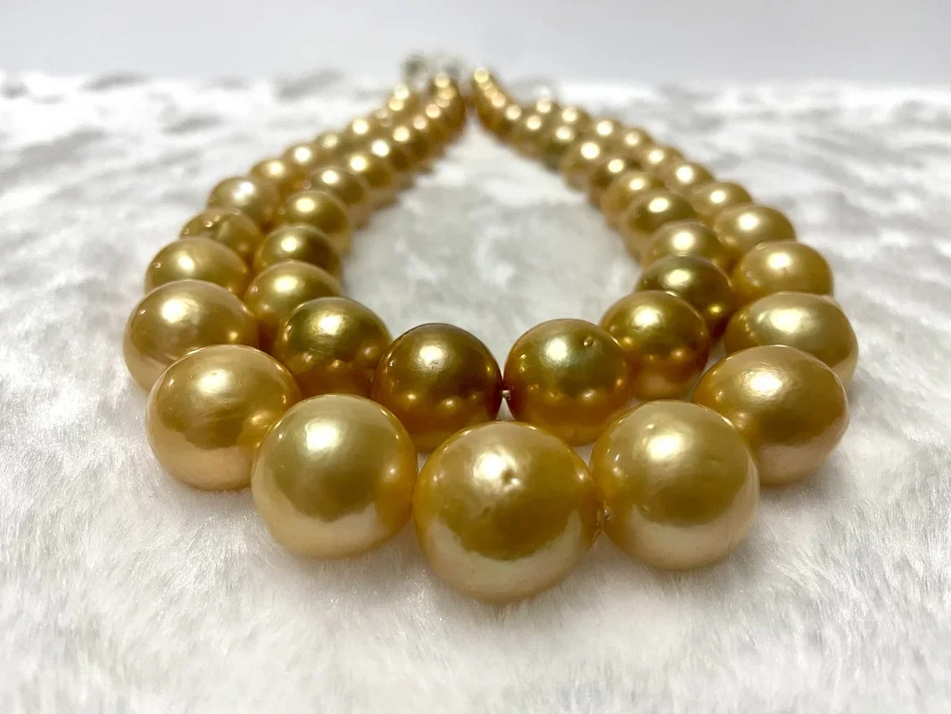 

Fine Jewelry Natural Sea 12-17mm Near Round Golden Pearls Necklace for Women Less Flaw Fasion Clasp Pearls Necklace