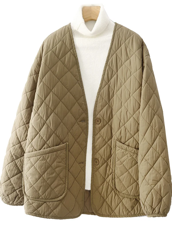 Loose Casual V-Ne Women's Cotton Jaet Korean Sle Diamond Pattern Winter Warm Thiened Long Sve One Button Closure