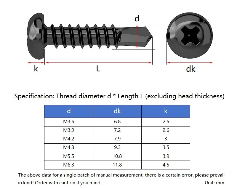 M3.5 M3.9 M4.2 M4.8 M5.5 M6.3 Black 410 Stainless Steel Cross Phillips Pan Round Head Self Drilling Tapping Screw Sheet Metal