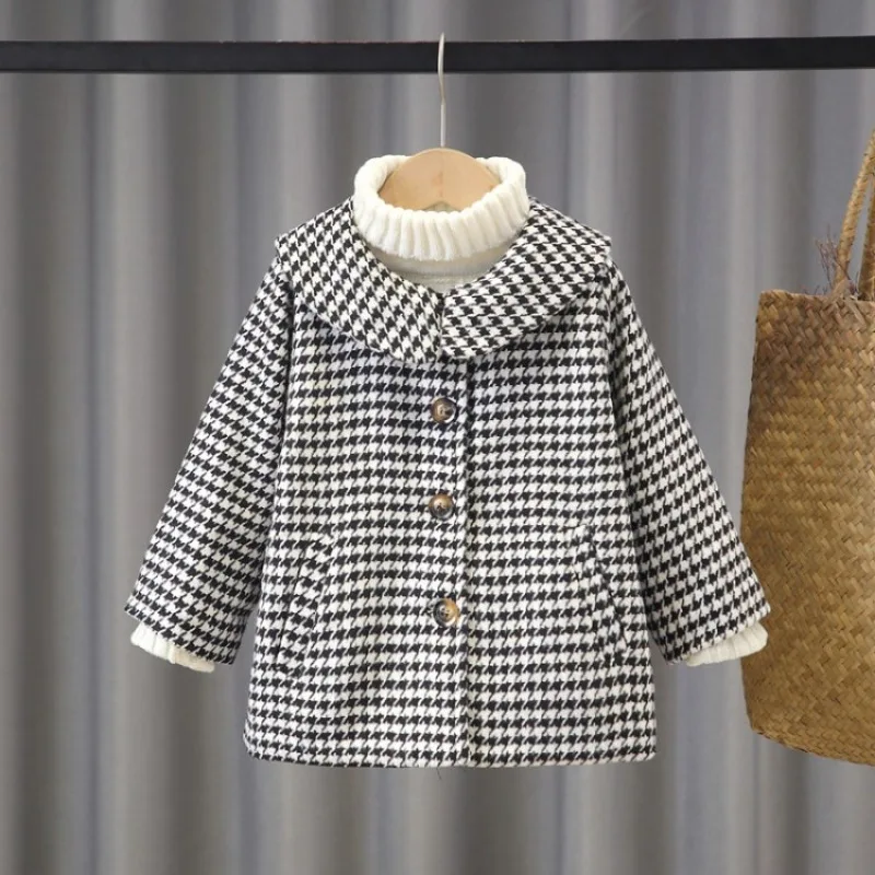 Baby Girl Woolen Jacket Plaid Lattice Warm Infant Toddle Lapel Tweed Coat Winter Autumn Spring Baby Windbreaker Overcoat Clothes