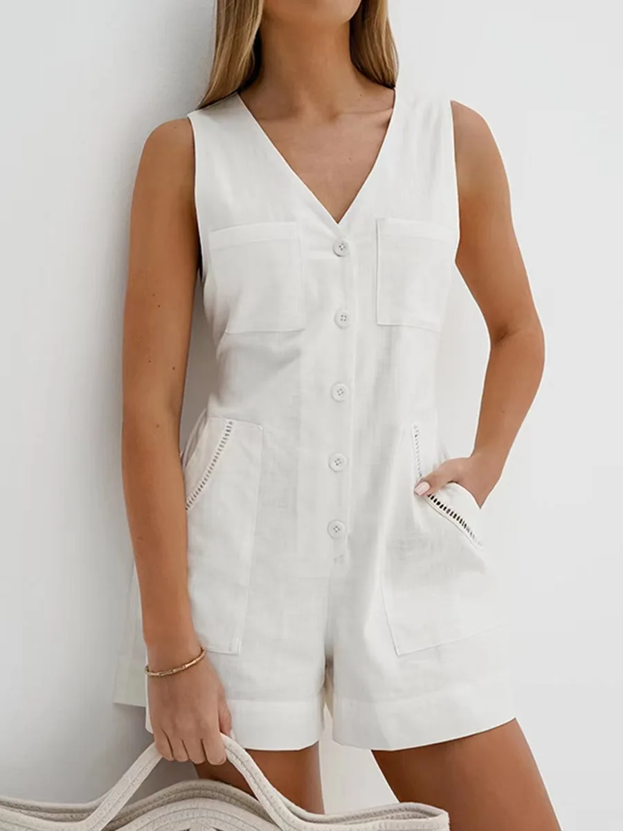 

Summer Faion V-ne Waist up Wide Leg Jumpsuit High Waist ort Pants Cotton Fabric Commute Sle Other Brand Clothing