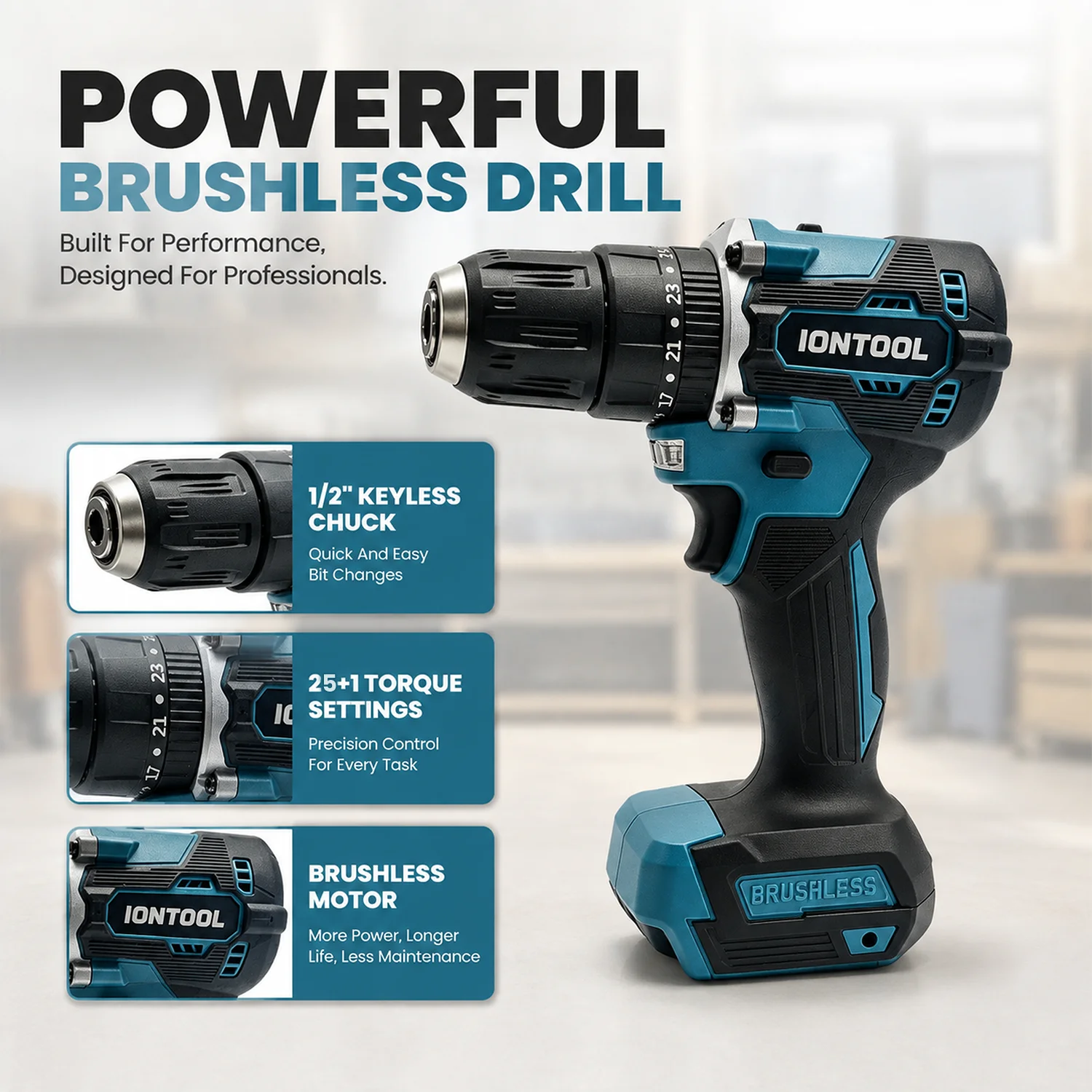 IONTOOL Compact Brushless Cordless Drill Driver 60N.m 10mm Chuck Portable Hand Power Tool for Wood Drilling Screw Fastening Jobs