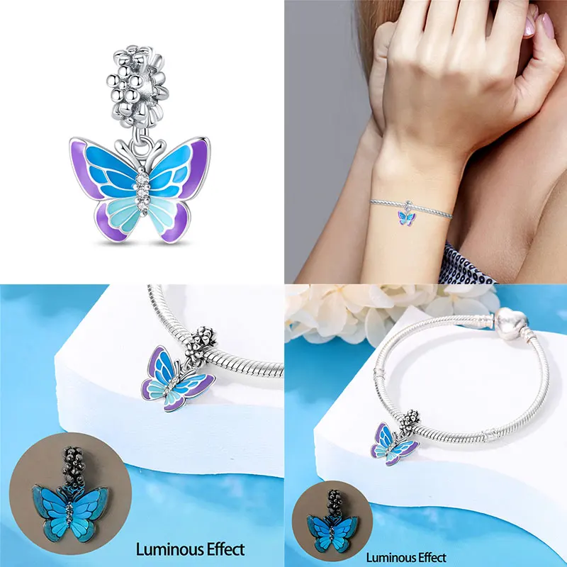 Dijes aptos para pulseras originales Pandora, cuentas de plata 100% 925 con forma de mariposa luminosa, fabricación de joyería DIY para regalo de mujer