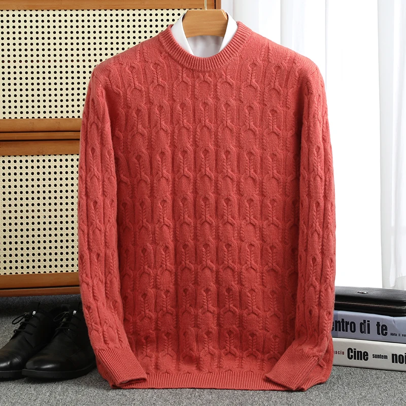 Solid casual winter loose fitting sweater with round neck for men 100% pure Woolen sweater thickened men's priming pullover