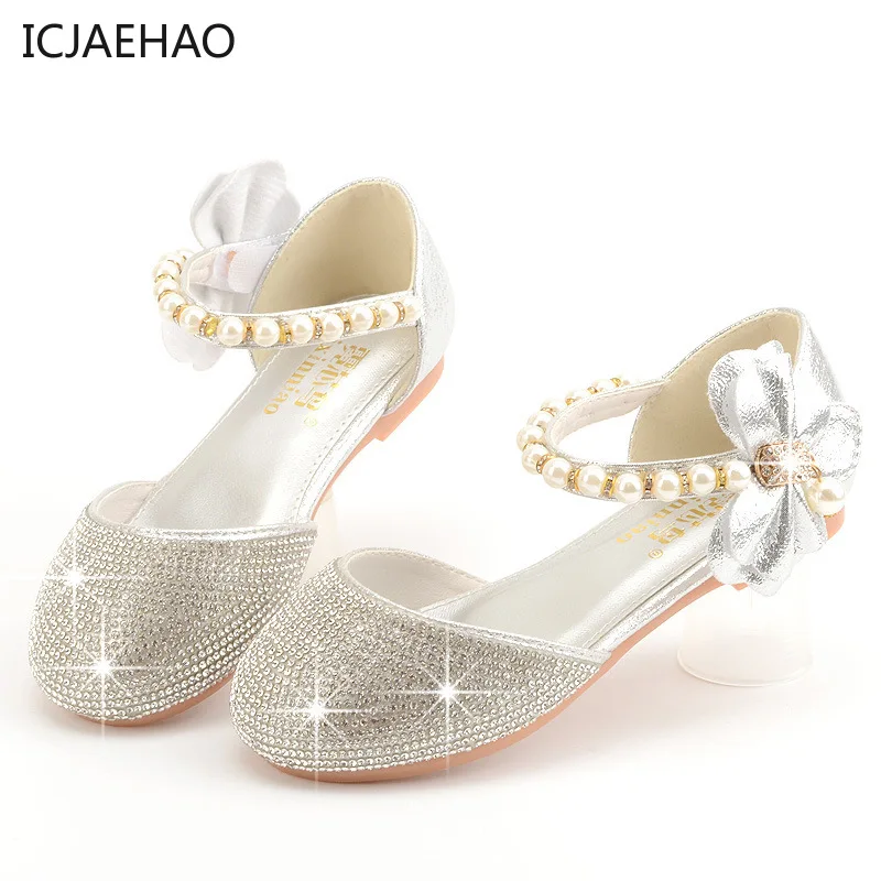 ICJAEHAO Wedding Party Shoes Kids Girls Bow Child Classic Sandals Gown Gold Pink Silver Princess Diamond Glitter Crystal Shoes