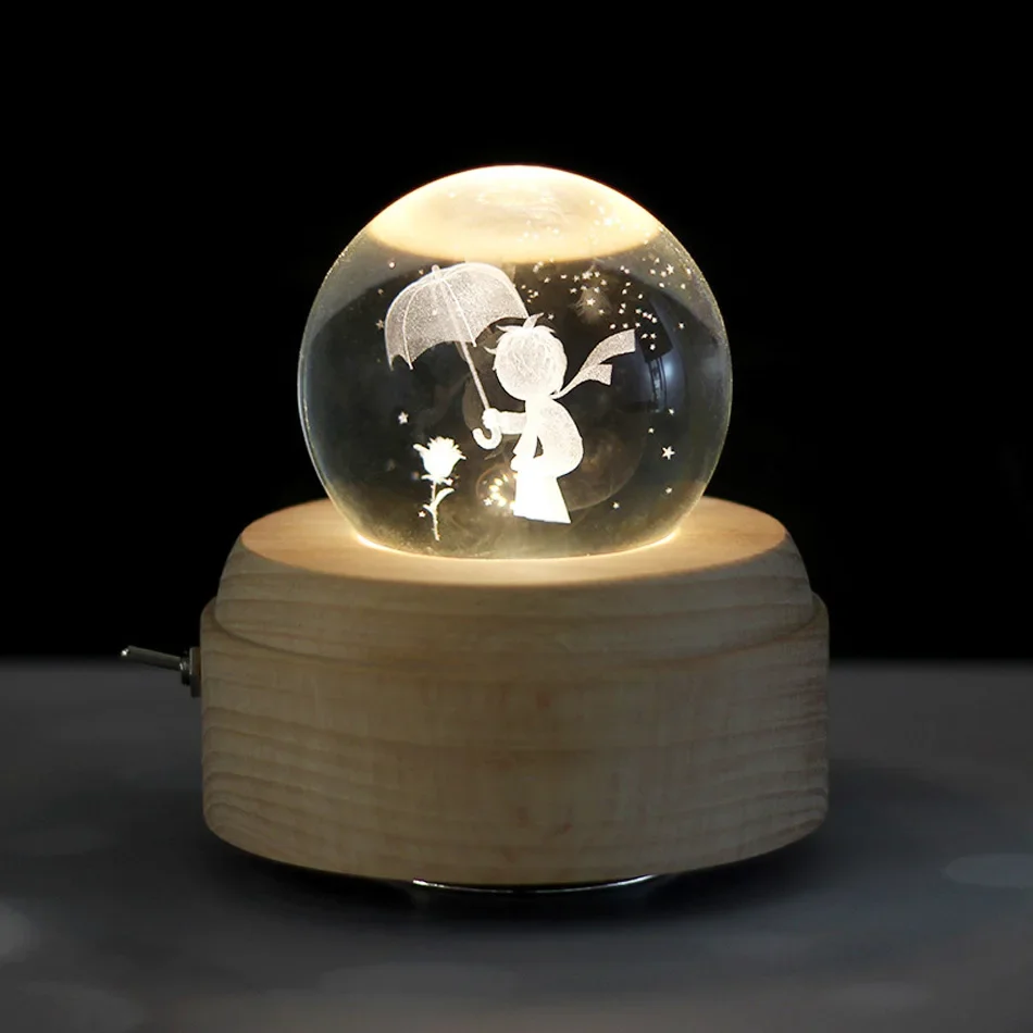 Crystal Ball Carousel Wooden Music Box Romantic Music Little Prince Music Box Rotating Gift Home Decoration for Girlfriend