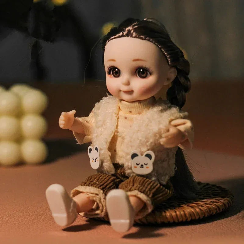 Bjd Doll 16CM 13 Movable Joints Cute Smile Face Shape and Bunny Ears Clothes Suit Toy Best Gift for Kids