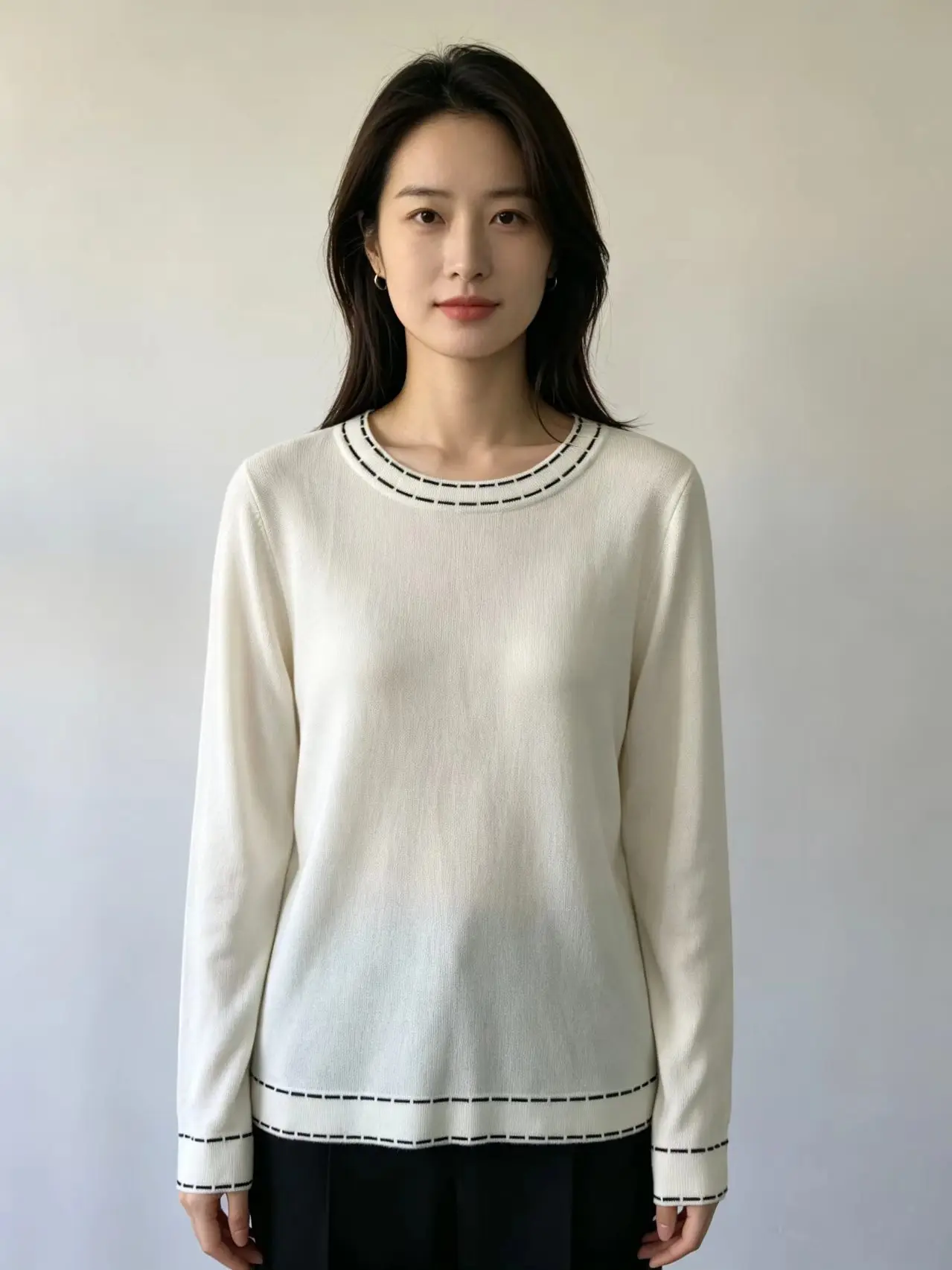 Women Round Neck Knit Sweater Contrast Dashed Stitch Decor Long Sleeve Slim Soft Knitted Pullover Casual Basic Fall Winter Top