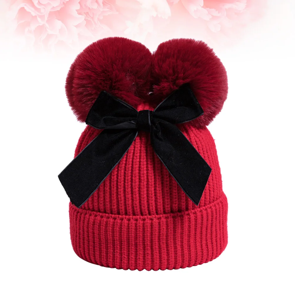 

Kids Two Knit Hat Baby Girl Bowknot Crochet Winter Warm Cap Red for Photography Knit Hat Winter Warm