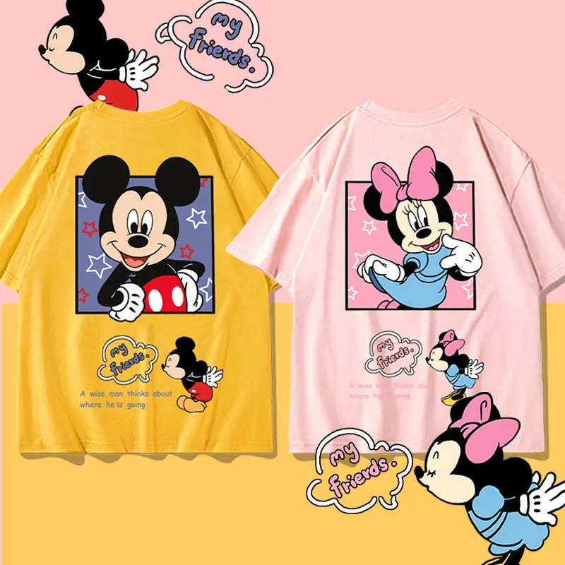 Disney Mickey Mouse Mickey Minnie Short Sleeve T-shirt Women 2024 new half sleeve couple dress pure cotton clothes for summer