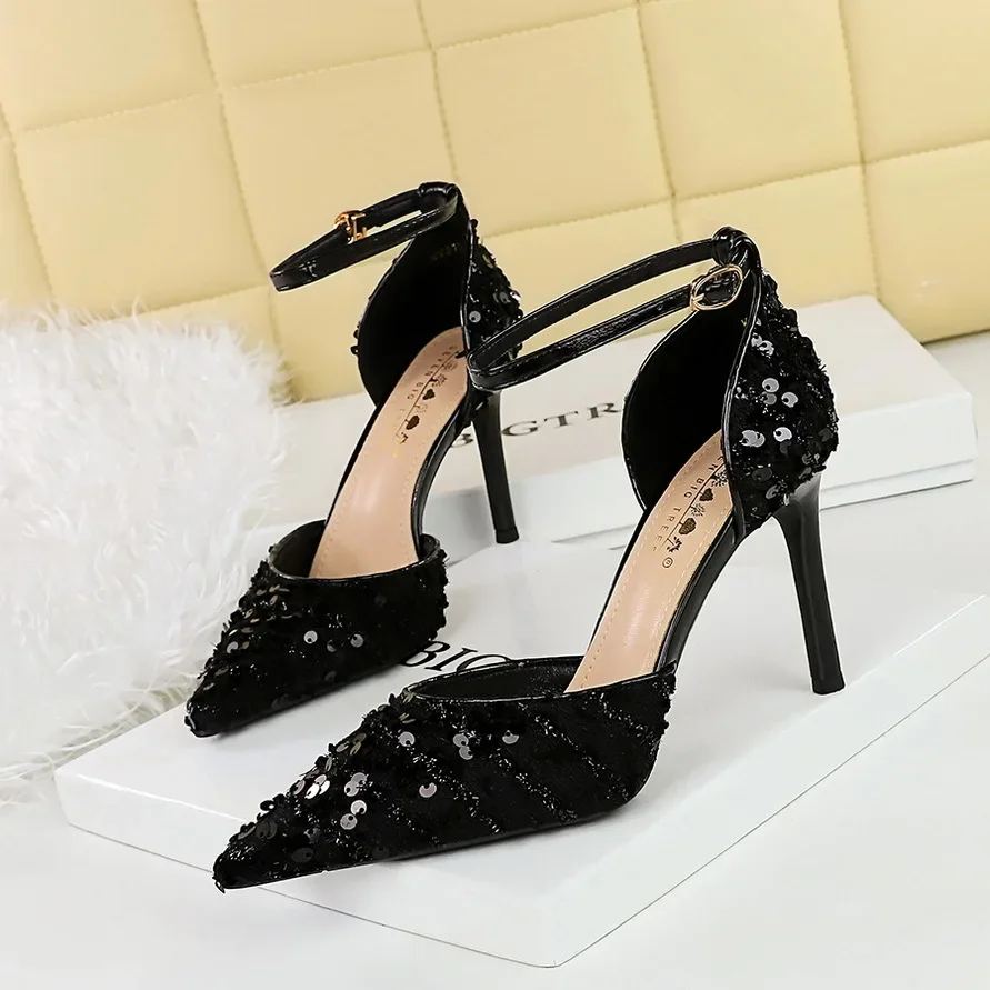 Sequined Women's Shoes High Heels Thin Shallow Mouth Hollowed Out One Word with Sandals Women Mary Jane Shoes Bridal Shoes