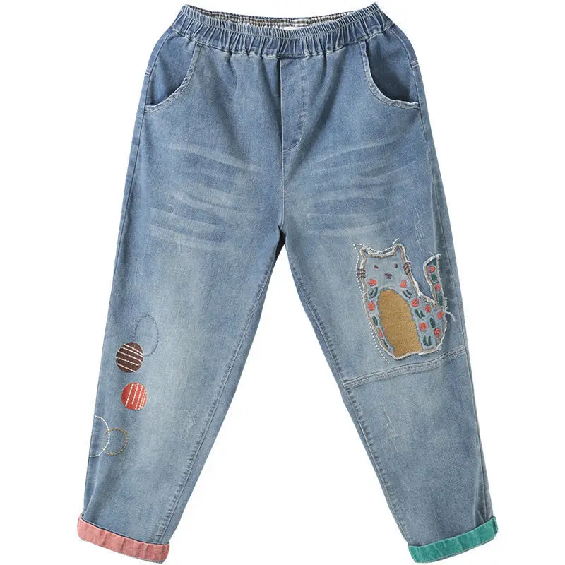 Women's Jeans 2025 Autumn New Korean Style Vintage Cartoon Embroidery Patch Nine-point Harem Denim Pants