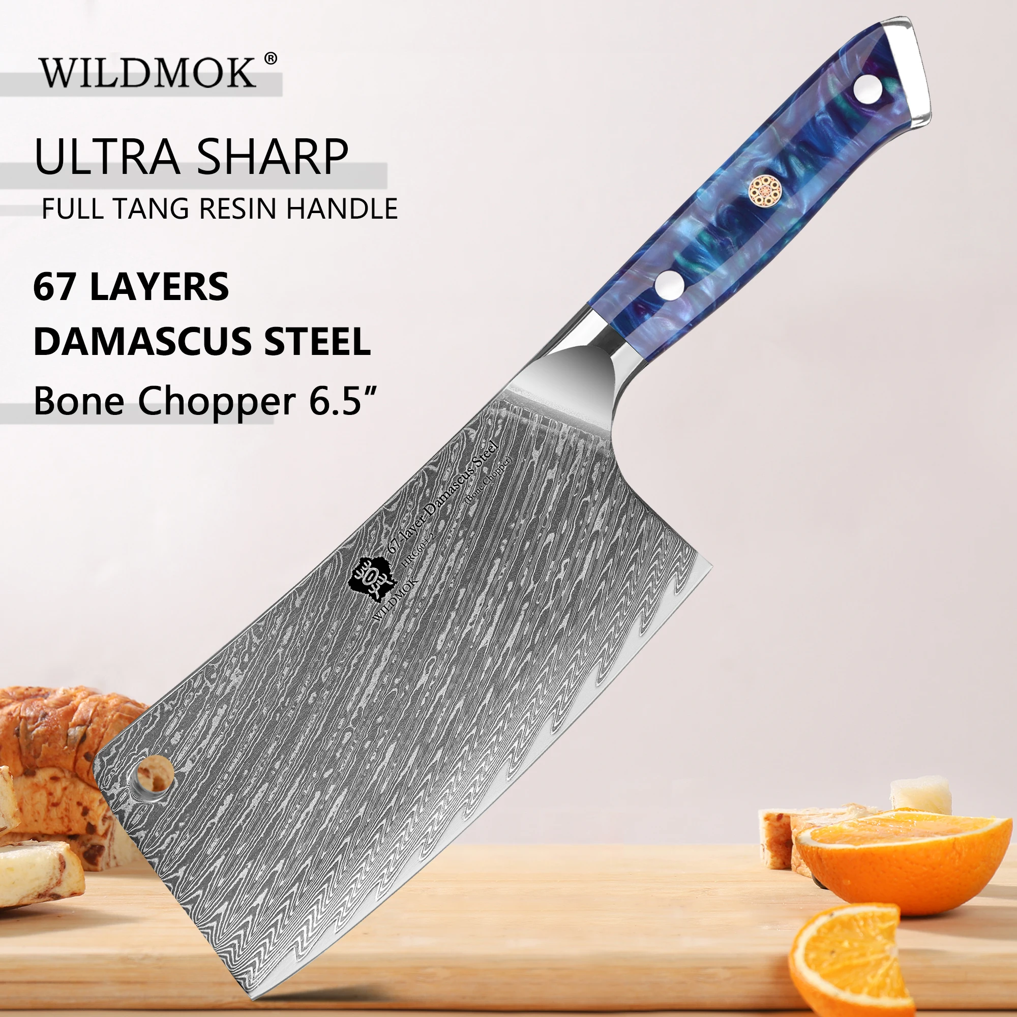 

WILDMOK Professional 6.5"Bone Chopping Knife, Damascus Steel Chopper Knife, Heavy Duty Butcher Kitchen Knife with Resin Handle