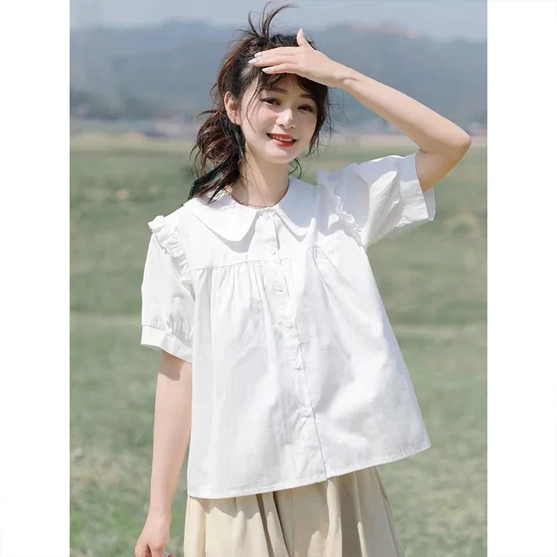 Academy Style Doll Neck Women\'s Top Embroidered Sweet Shirt 2024 Summer New Design Versatile Japanese Style Shirt for Women