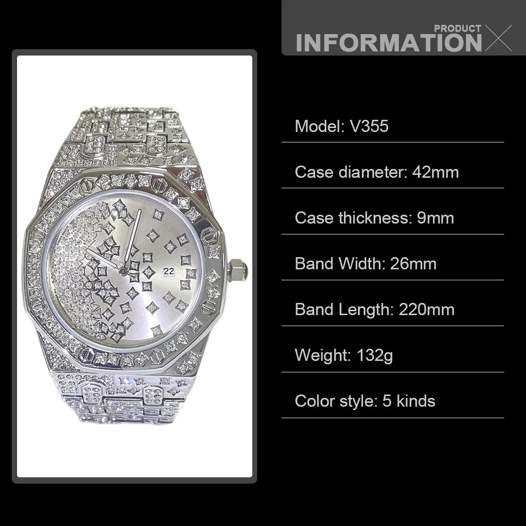 Hip Hop Brand MISSFOX Sliver Fashion Iced Watch For Mens Luxury Diamond Automatic Date Clocks Full Steel Waterproof Watches Male