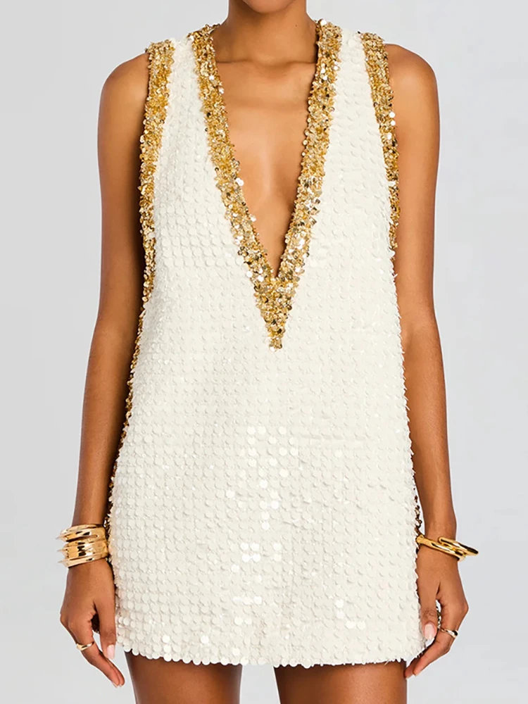 Femme Sequins Sexy Deep V Neck Elegant Solid Dress Spring Summer Women Pullover Shirt Dress Loose Sleeveless Casual Dress 2026