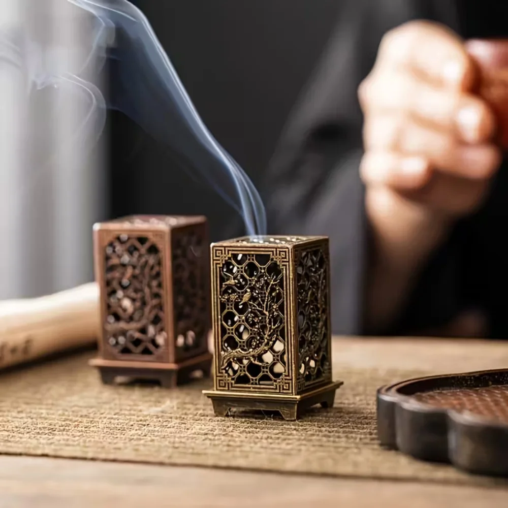 2 Stück quadratische vertikale Räuchergefäße, hohles Räuchergefäß-Set aus Bronze, duftfreie Heimdekoration für Yoga und Meditation