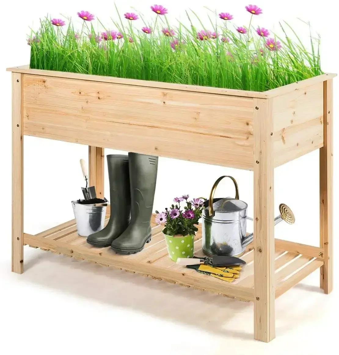 

Raised Garden Bed Wooden Planter Box Outdoor Elevated Garden Planter with Shelf, Free Standing Gardening