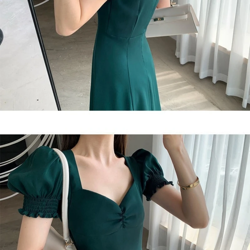 Vestido elegante de manga corta abombada liso, ropa de mujer para invitados de boda, Año Nuevo, moda para mujer, vestidos de fiesta de noche ajustados de cintura alta