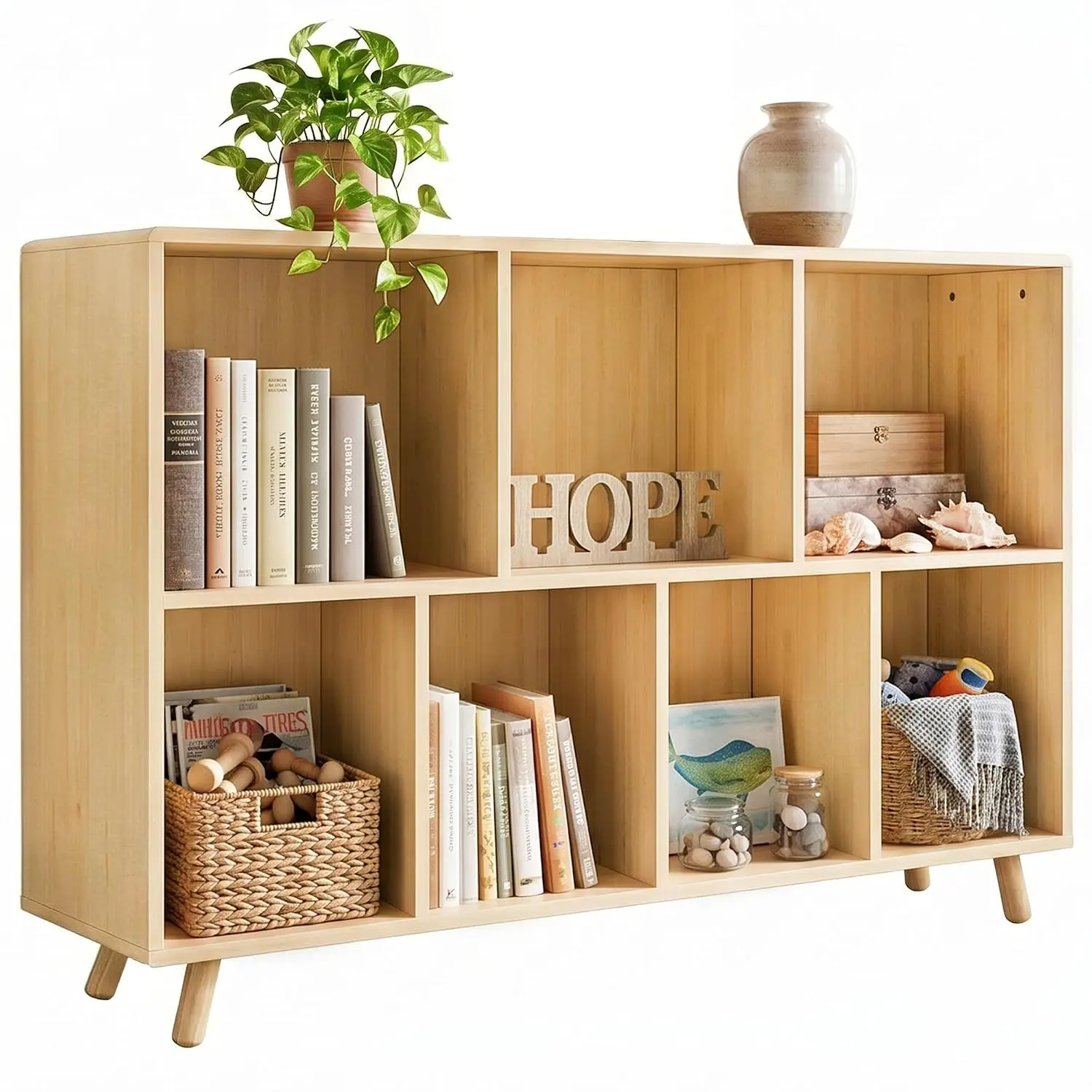 7-Cube Wood Bookshelf 2-Tier Storage Organizer With Legs Natural, Customized