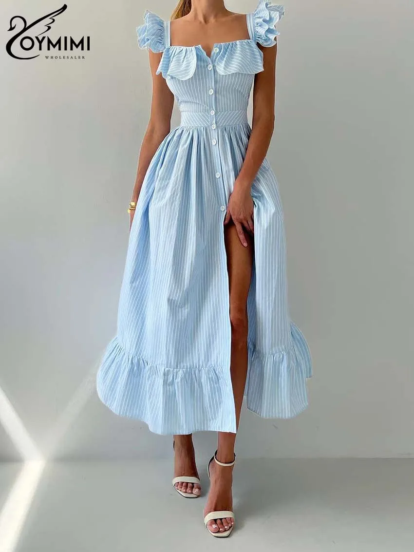 Oymimi Fashion Blue Print Women\'s Dress Elegant Slip Ruffled Open Back Square Collar Dresses Casual Button Pleated Midi Dresses