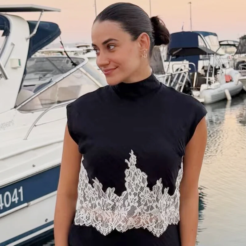 HXAO Spitzen-Crop-Top für Damen 2026 Korsett Dunkelblaues Tanktop Damenmode Plissiertes O-Ausschnitt Schlankes Ärmelloses Oberteil Elegante Urlaubstopps – Detail 9