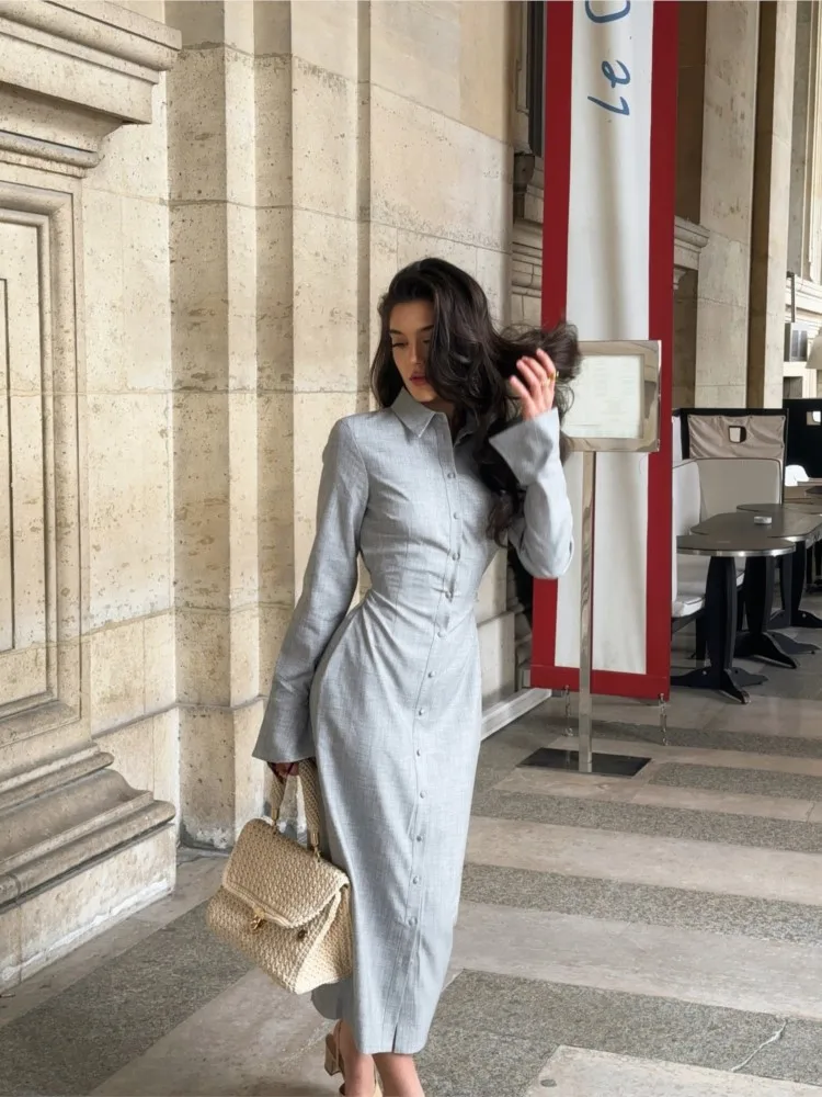 

dresses 2025 woman Elegant fashionable long-sleeved lapel cardigan solid color long dress Commuting Casual Slim vestido allmatch