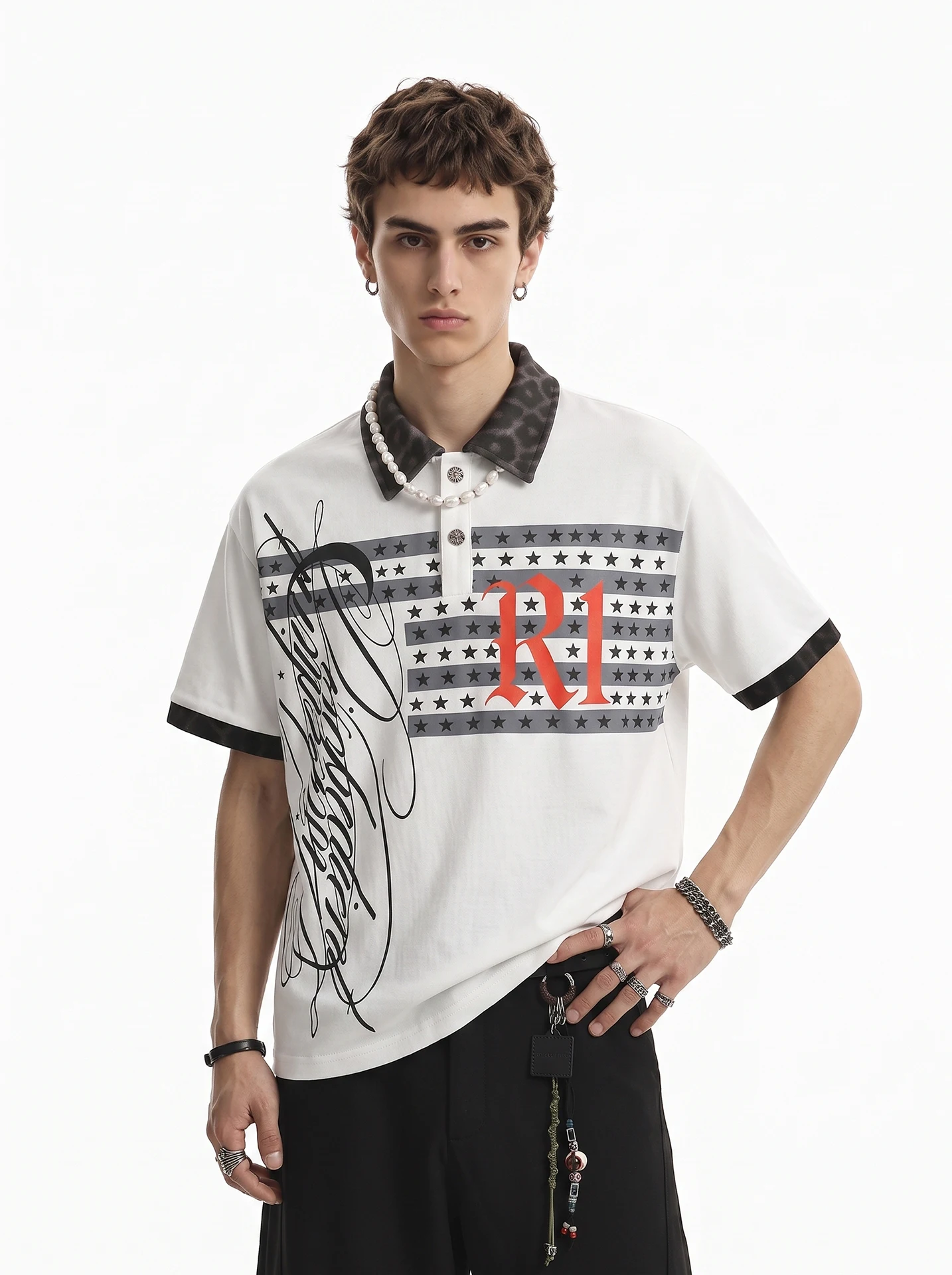 BETEBULE American High Street Loose  Shirt Short Sleeve T-Shirt Men Summer Star Print Leopard Pattern Vintage Casual Top