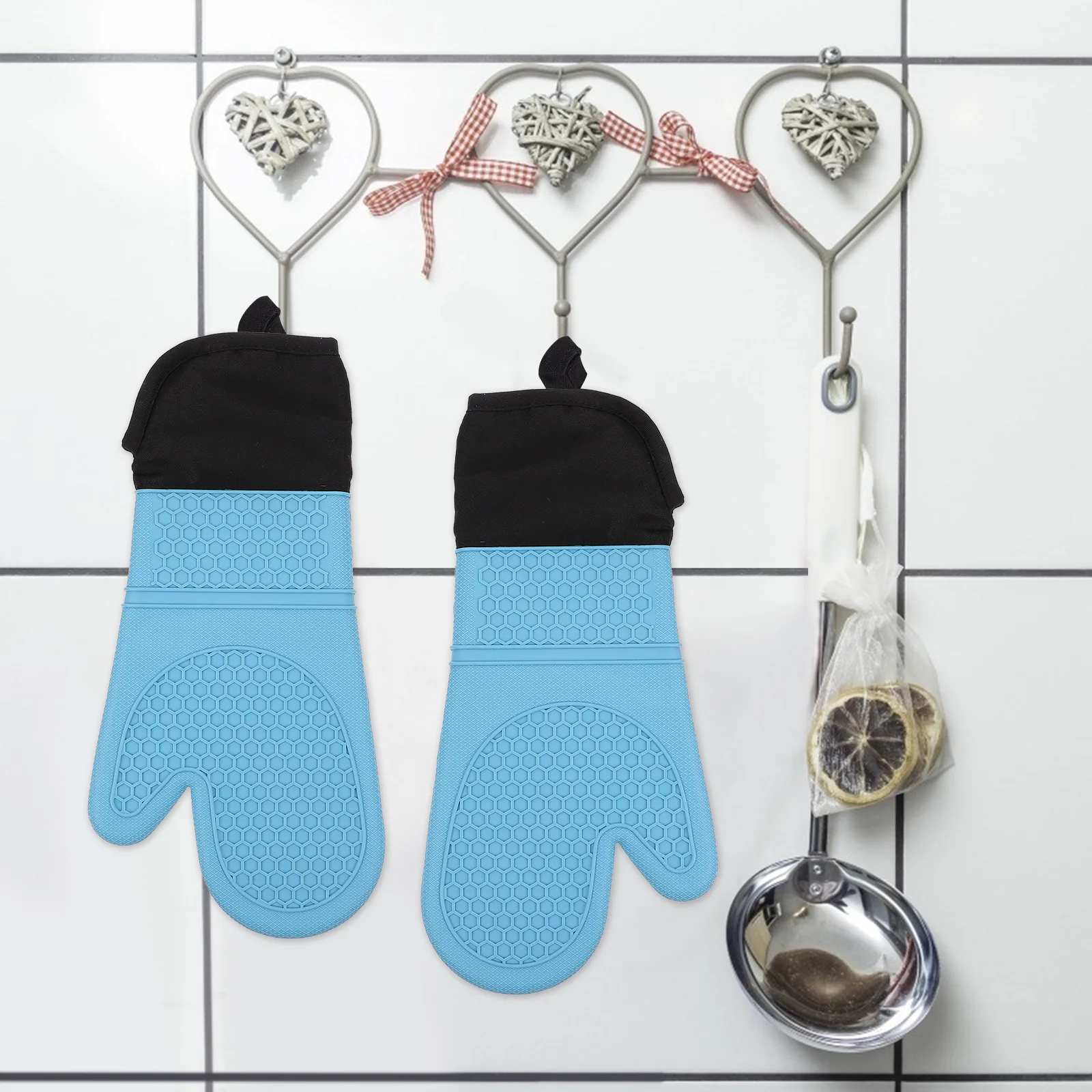 

2pcs Oven Gloves Heat Resistant Cooking Mitts For Baking Barbecue Grilling Kitchen Use Silicone Anti-Slip Practical