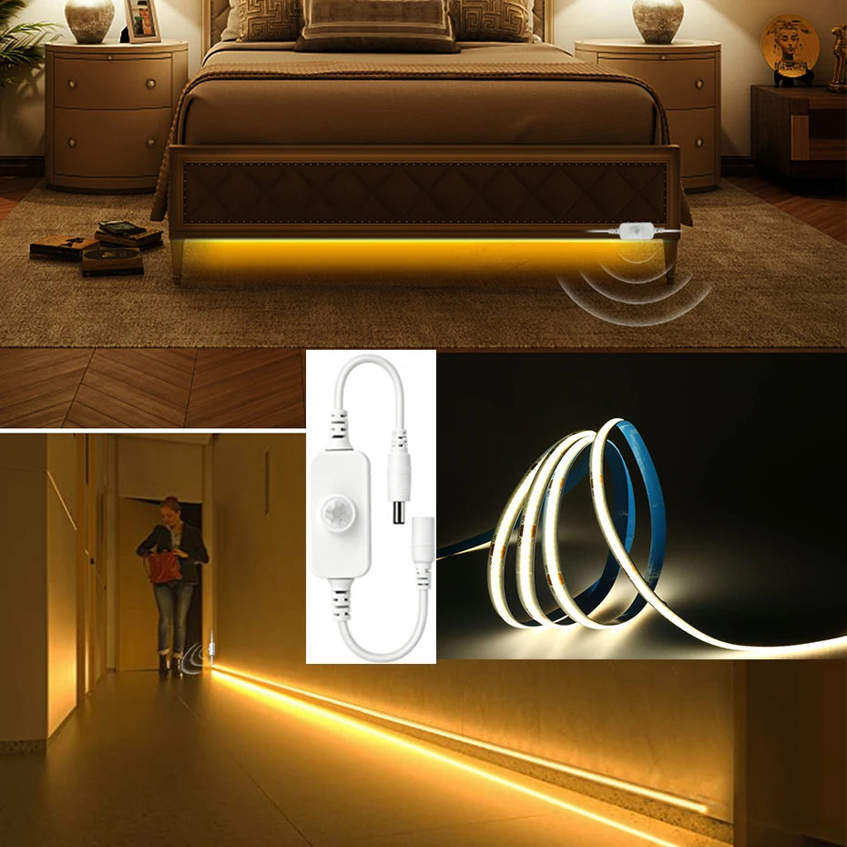1M 5M 8M 10M 24V Cob Led Strip Cabinet Light With AU EU UK US Plug Pir Motion Sensor Flexible Led Strip Light Adhesive Tape