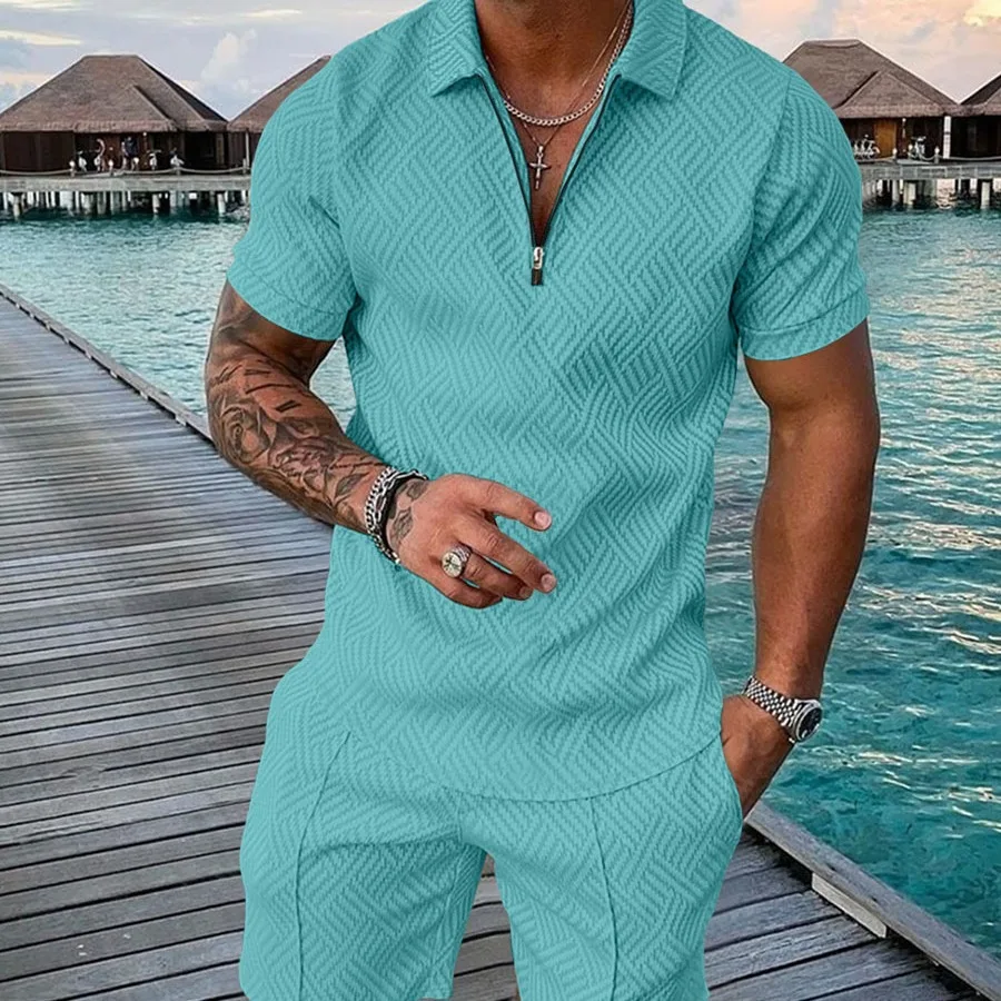 2026 New Men's Fashion Casual Color-Block POLO Zipper Collar Short-Sleeve Suit