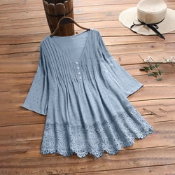 Plus Size 5XL Vintage Casual Shirts for Women V-neck Lace Hollow Loose Pleated Tops Oversized Blouse Homewear Summer Boho Shirts