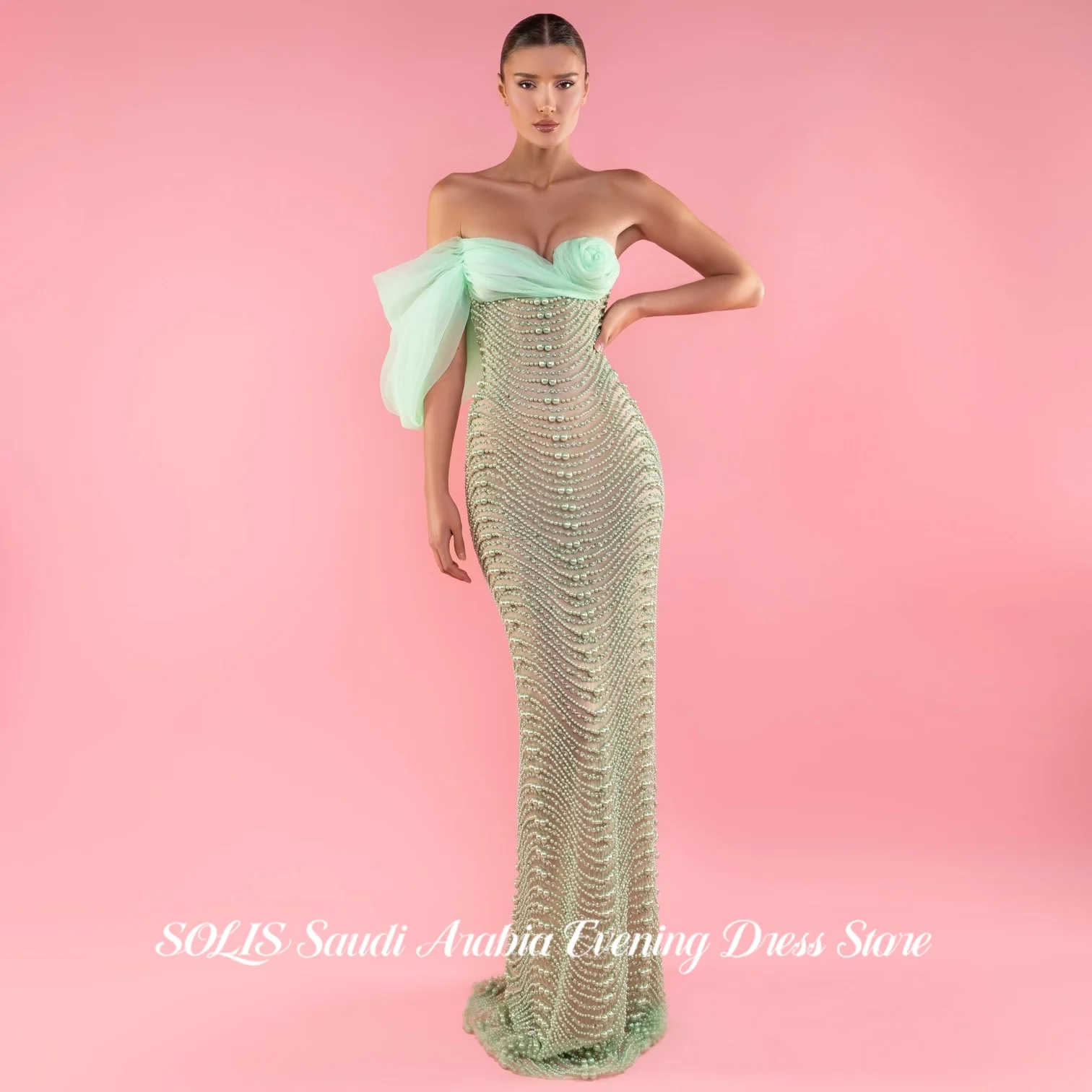 SOLIS Mint Green Mermaid Prom Dress Wavy Pearl Beaded Mesh Evening Dress Elegant Hand-Stitched Cocktail Party Dress Customized