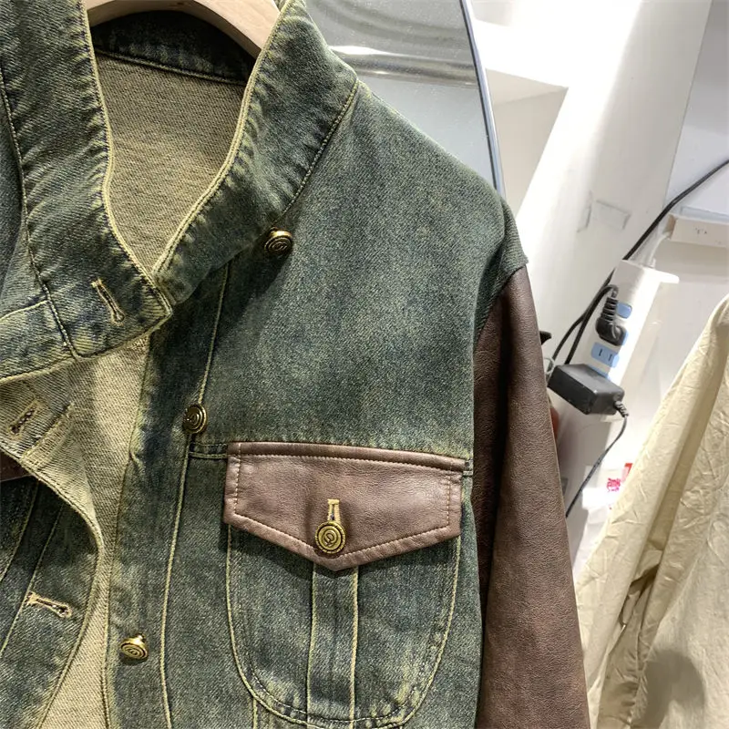 Hong Kong jaket Denim pria dan wanita kulit jahitan jaket musim gugur 2024 baru desain tidak teratur kulit atasan nyaman pendek