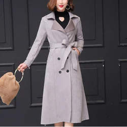 2023 Fall Winter Add Suede Deerskin Trench Coat Women Fashion Long Windbreaker Jacket Female Slim Double-Breasted Chic Overcoat