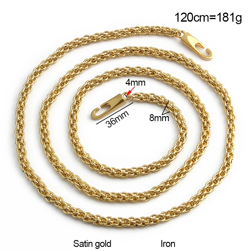 100/110/120/130CM 8MM Iron Satin Gold Decorative Metal Bag Chains For Clutch Handbag Purse Strap Handle Detachable Accessories