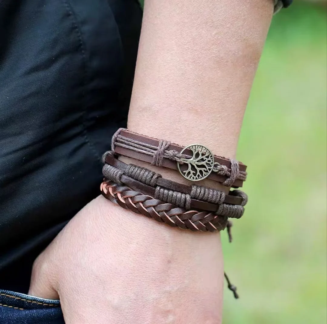 Bracelet For Men New Punk Tree Of Life Bracelet Multi-Layer Black Braided Bracelet Set High-Quality Alloy Leather Bracelet
