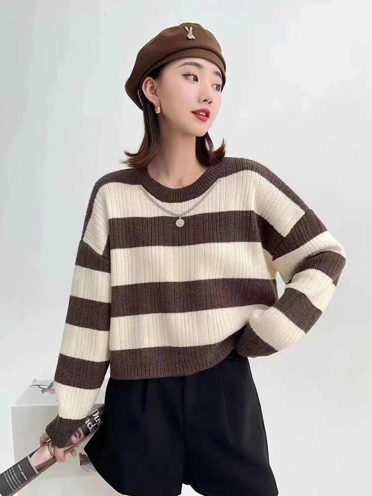 Korean Loose Striped Knitted Sweaters Women Casual Fall Long Sleeve Vintage Pullovers O Neck Simple All Match Lady Retro Jumpers