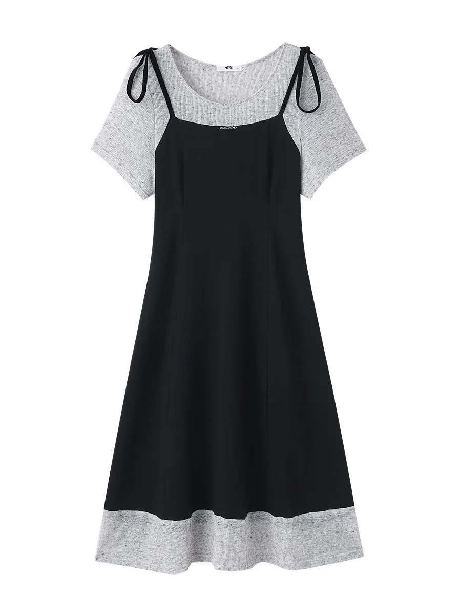 140Kg Plus Size Damski biust 142 Letnia luźna sukienka z krótkim rękawem Patchwork Fake Dwuczęściowa sukienka Temperament Czarny 5XL 6XL 7XL 8XL