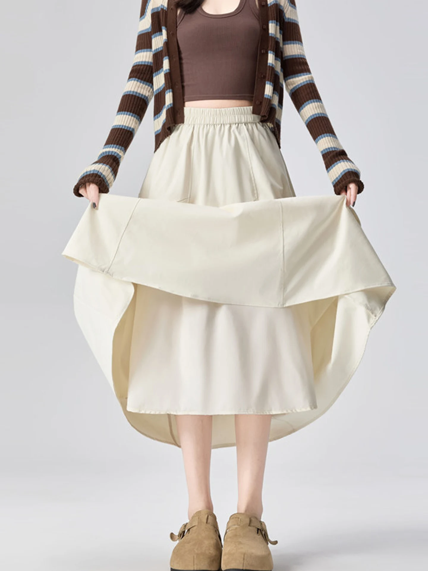 

High Waist A-Line Midi Skirt Women's Spring New Sle Pleated Slimming Hip Covering Ele f-length Skirt Ciwalk Polyes...