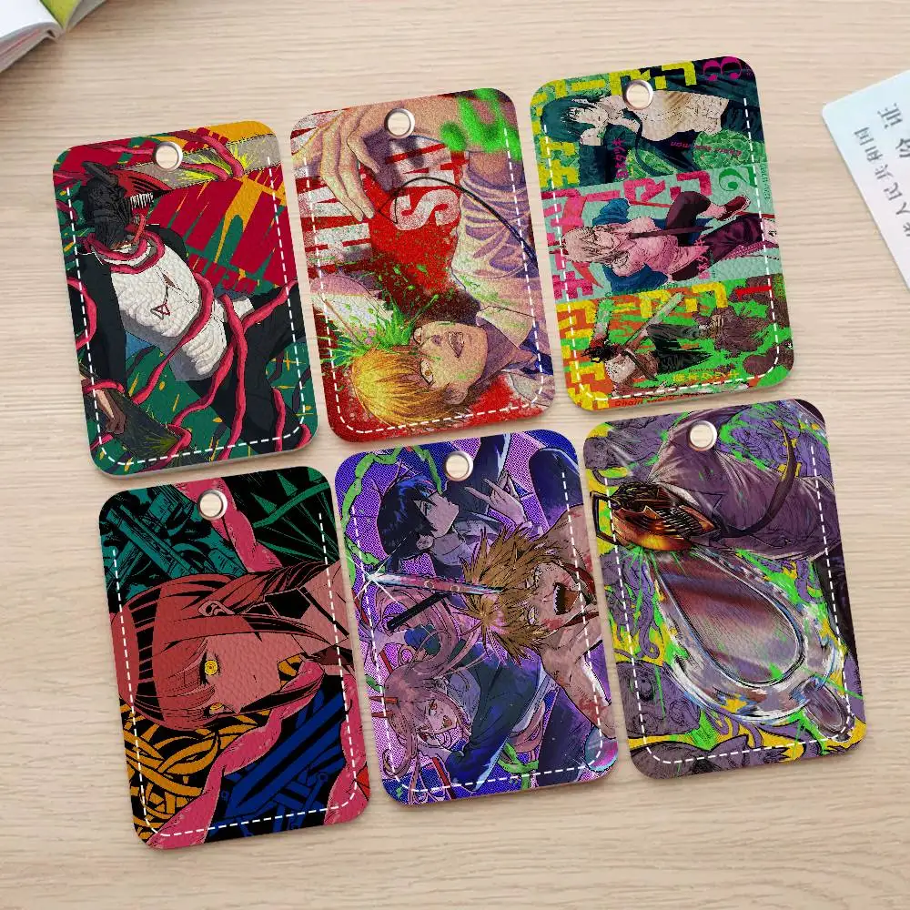 Anime Chainsaw Man Rectangle ID Card Case Keychain Access Card Bag Key Tag Ring Leather Card Holder Key Ring Access
