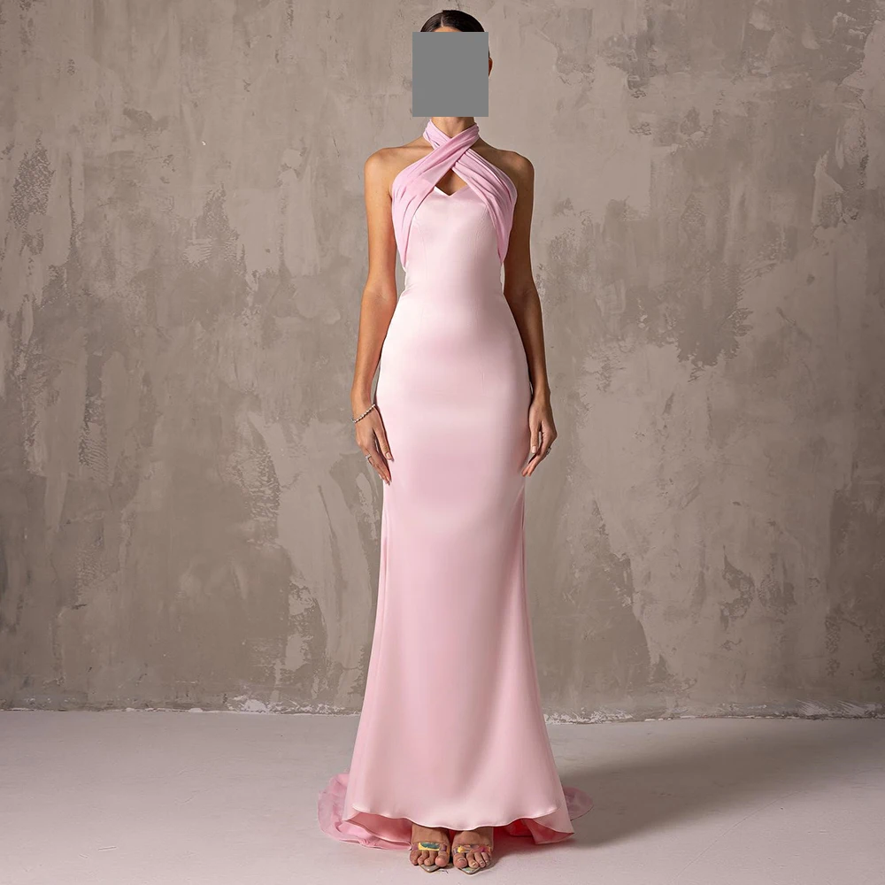 

Pink Mermaid Sleeveless Formal Evening Dress Woman Halter Satin Court Train Prom Gowns Floor Length Special Occasion Dresses