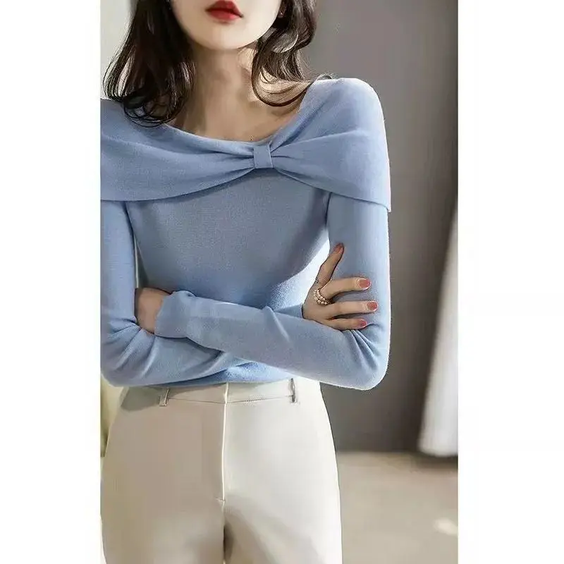 Korean Elegant Chic Bow Square Collar Sweet Slim Basic Knitwear Women Spring Autumn Casual Solid Long Sleeve Top Female Clothing