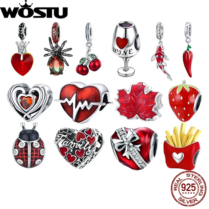 

WOSTU 925 Sterling Silver Red Color Beads Heart Fish Ladybug Charms Pendants fit Orignal Bracelet Necklace DIY Jewelry Making