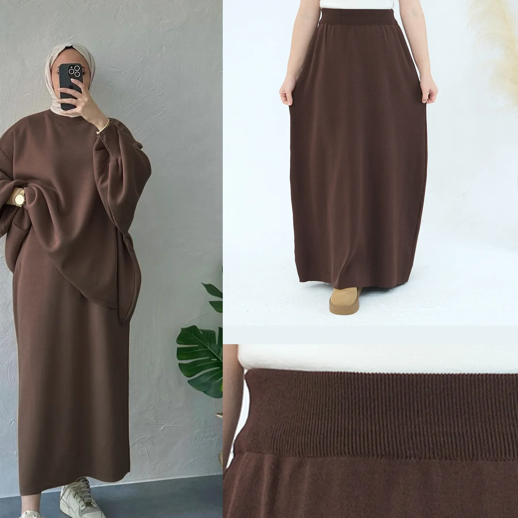 Winter Muslim 2 Piece Sets Women Outfit Casual Thicken Knitted Loose Sweater Top and Skirt Set Abaya Dubai Luxury Islam Clothes