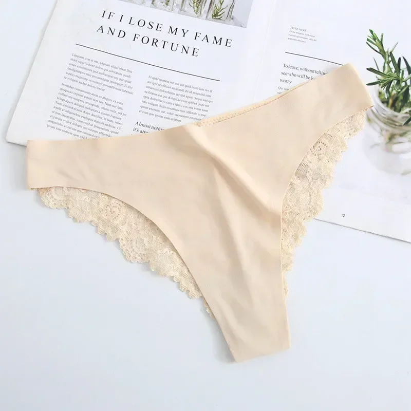 Seamless Ice Silk Thongs Underwear Women Brazilian Panties Full Lace Hip V-Cut Briefs Sexy Lingerie Comfort Female Panty