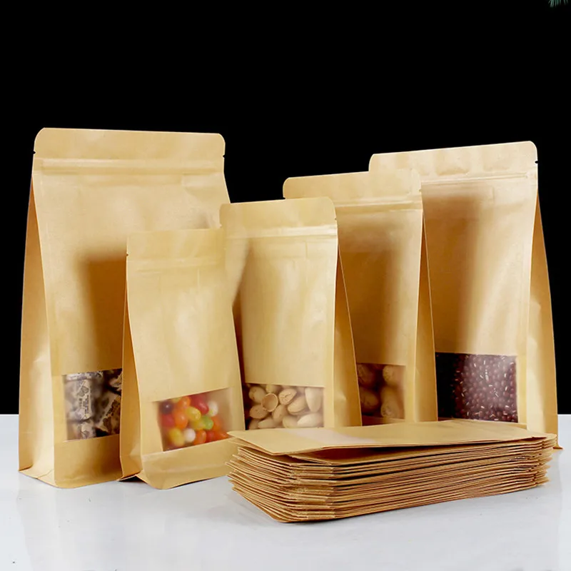 

50PCS 3D Stand Up Kraft Paper Window Visiable Bags Resealable Snack Coffee Cereals Tea Sugar Chocolate Gifts Packaging Pouches