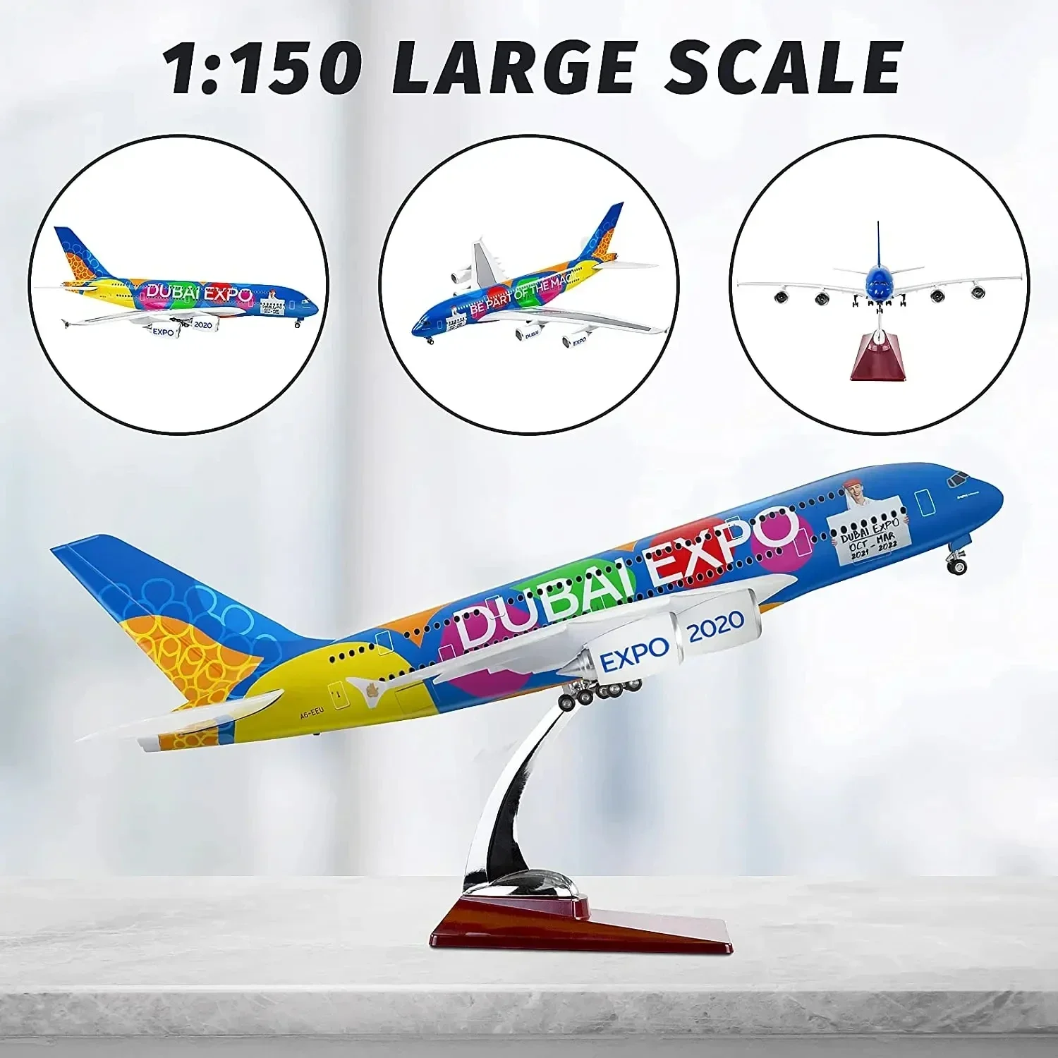 1:160 Scale Large Model Airplane Airbus 380 Plane Emirates Airplanes with LED Light for Collection Gift Office Desktop Decorati